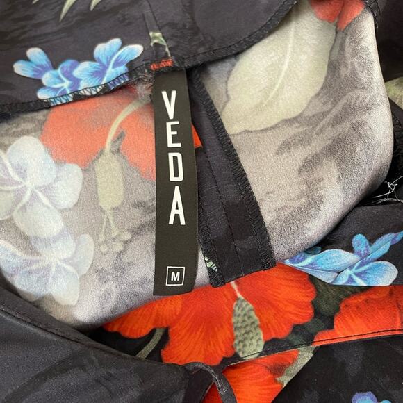 Veda Silk slip mini dress Hawaiian print tropical black wrap draped straps M - Picture 13 of 15